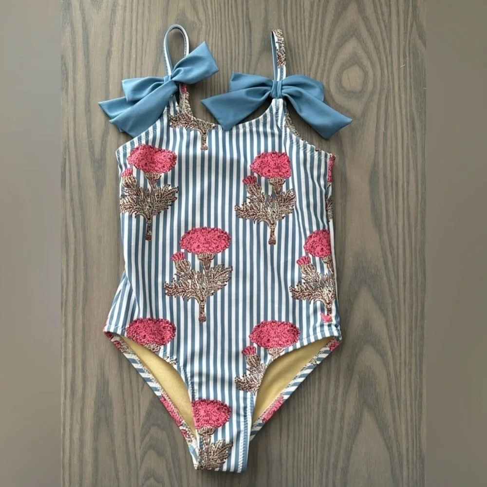 PINK CHICKEN GIRLS LULU SWIMSUIT IN BLUSH MARIGOLD STRIPE NWOT